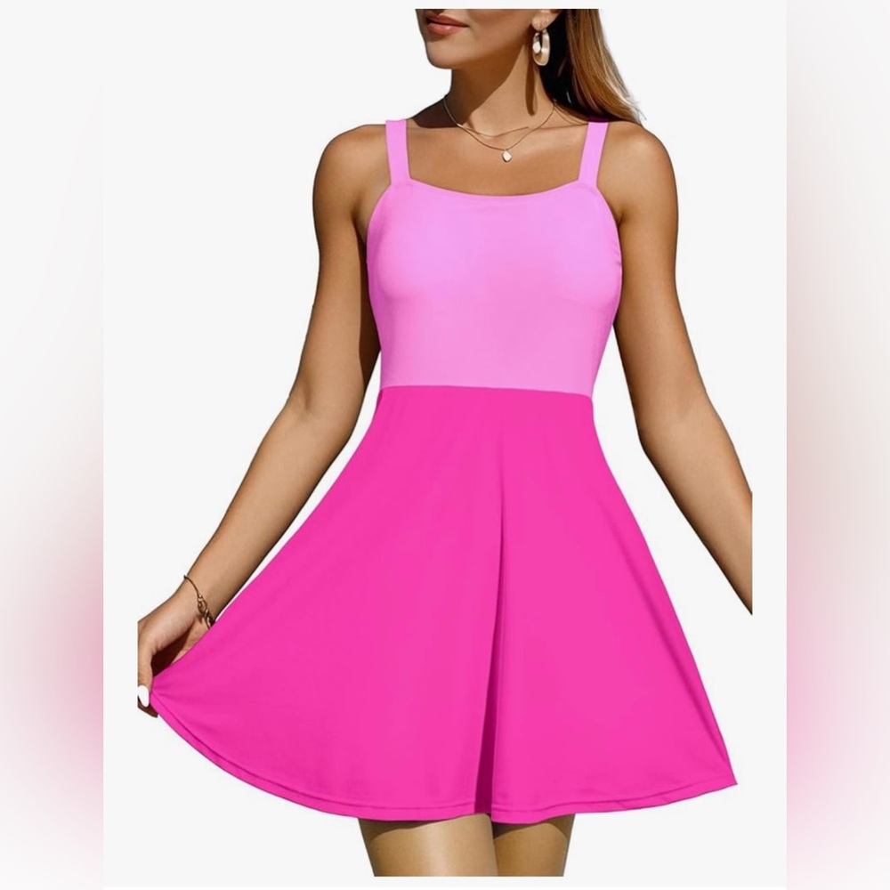 Hot Pink Two-Tone Swim Dress with Built-In Shorts – Adjustable & Pocketed!